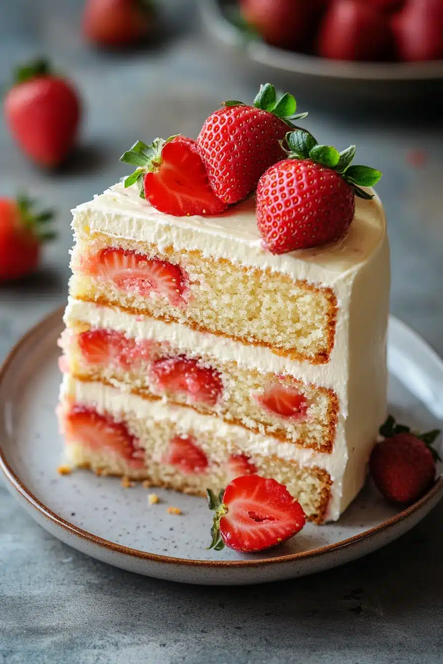 Close-up of a vanilla cake with strawberry filling on a clean background