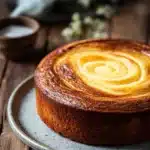 Close-up of a vanilla swirl cake with a golden crust and creamy swirls.