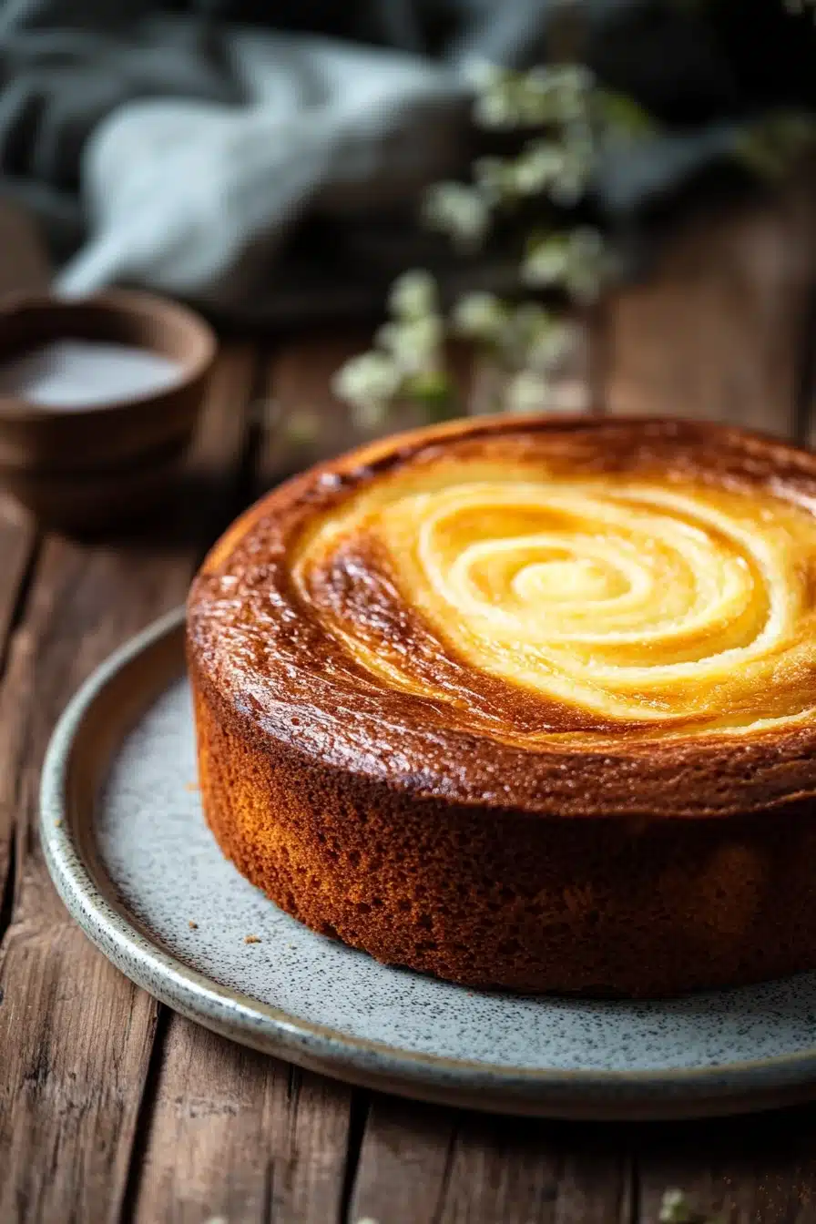 Close-up of a vanilla swirl cake with a golden crust and creamy swirls.