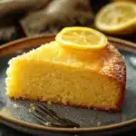 Close-up of a vegan lemon cake with bright natural lighting and minimal background