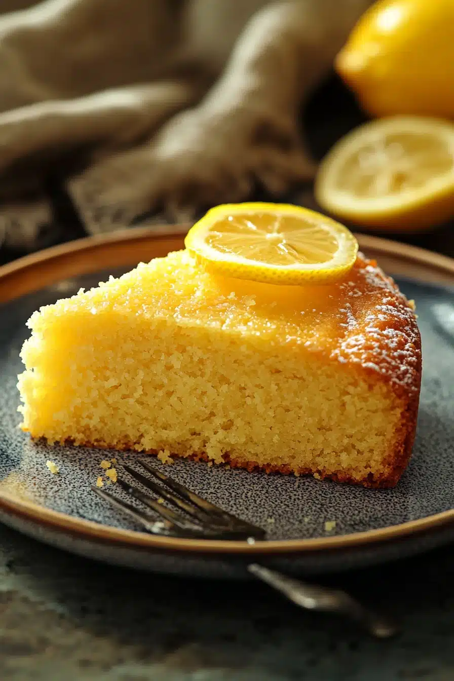 Close-up of a vegan lemon cake with bright natural lighting and minimal background