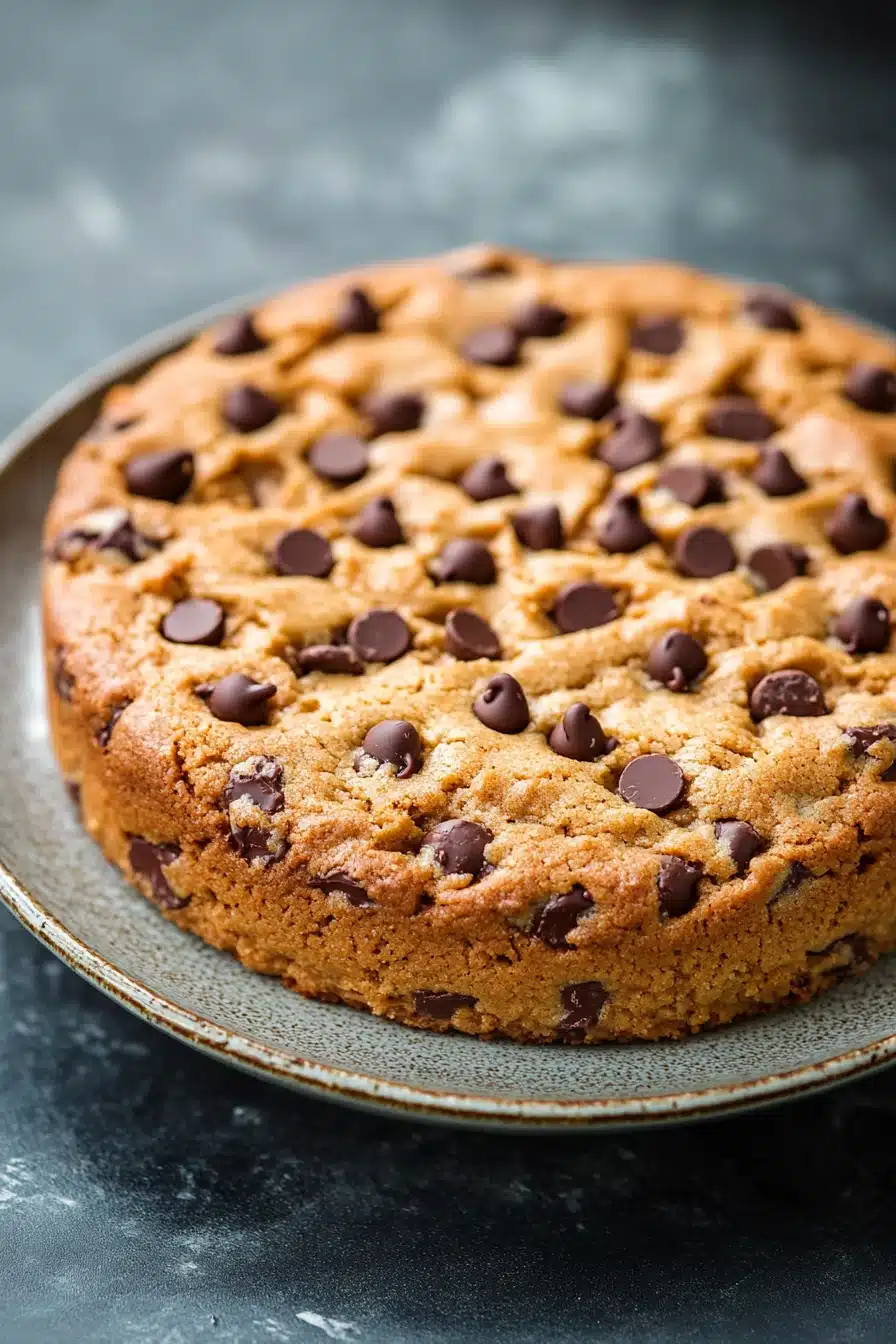 Close-up of a vegan peanut butter cookie cake with a clean background.