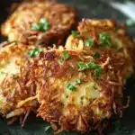 Crispy vegan potato latkes cooked in an air fryer, garnished with fresh herbs.