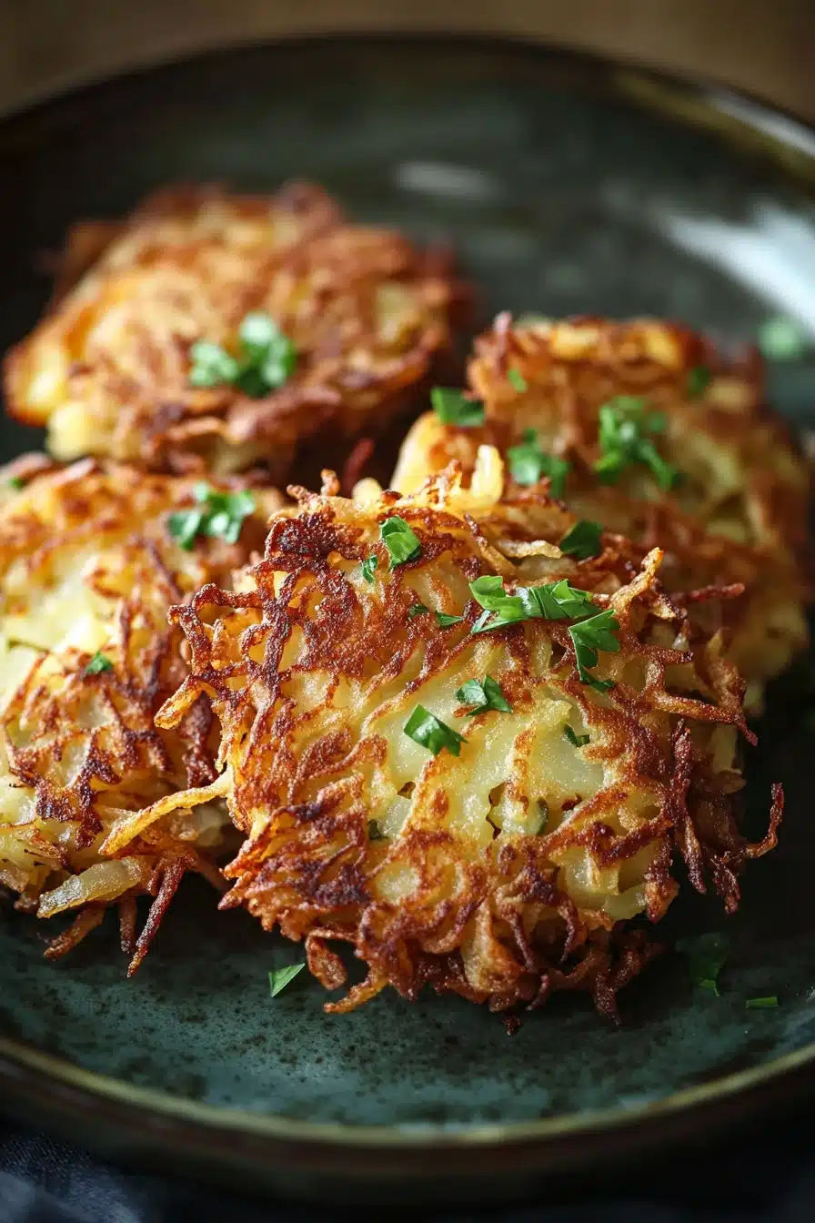 Crispy vegan potato latkes cooked in an air fryer, garnished with fresh herbs.