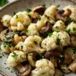 Close-up of a garlic mushroom cauliflower skillet with herbs in a bright, natural setting.