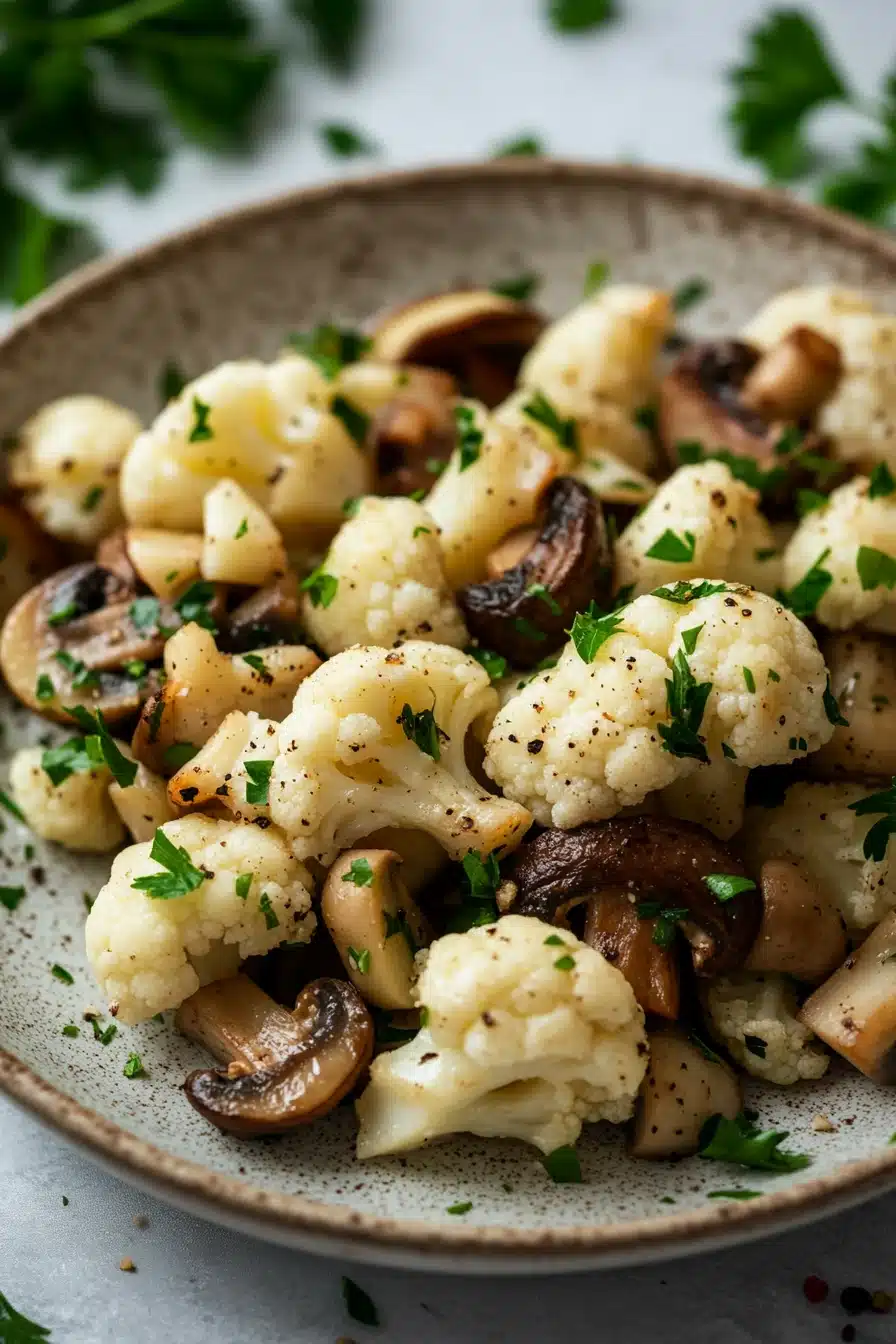 Close-up of a garlic mushroom cauliflower skillet with herbs in a bright, natural setting.