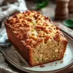 Close-up of zucchini bread with visible apple pieces on a clean background