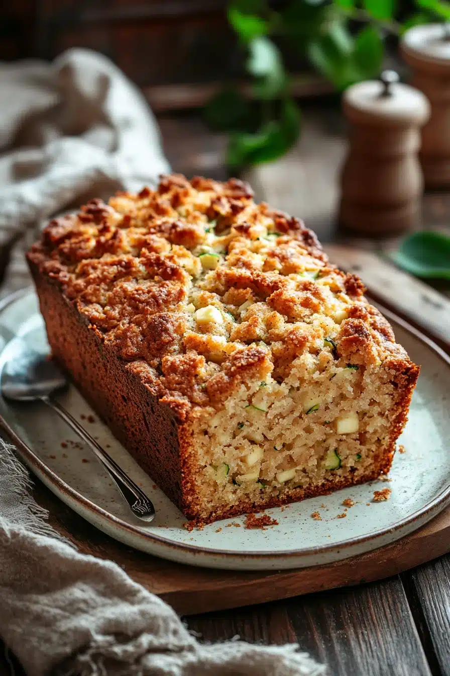 Close-up of zucchini bread with visible apple pieces on a clean background