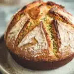 Close-up of freshly baked zucchini bread sourdough with a golden crust.