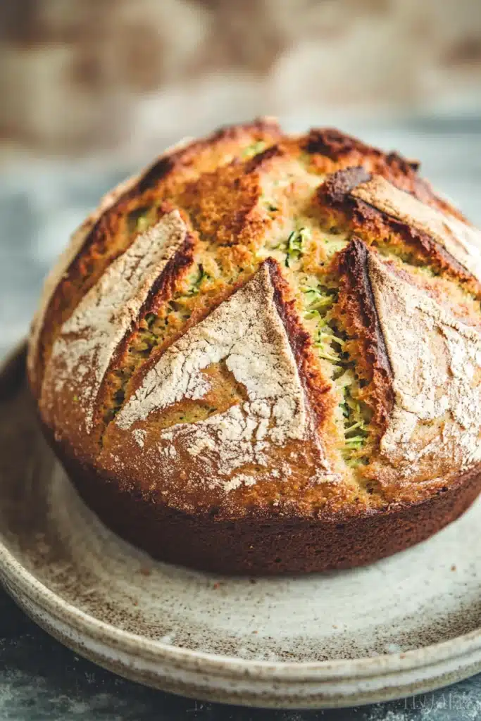 Close-up of freshly baked zucchini bread sourdough with a golden crust.
