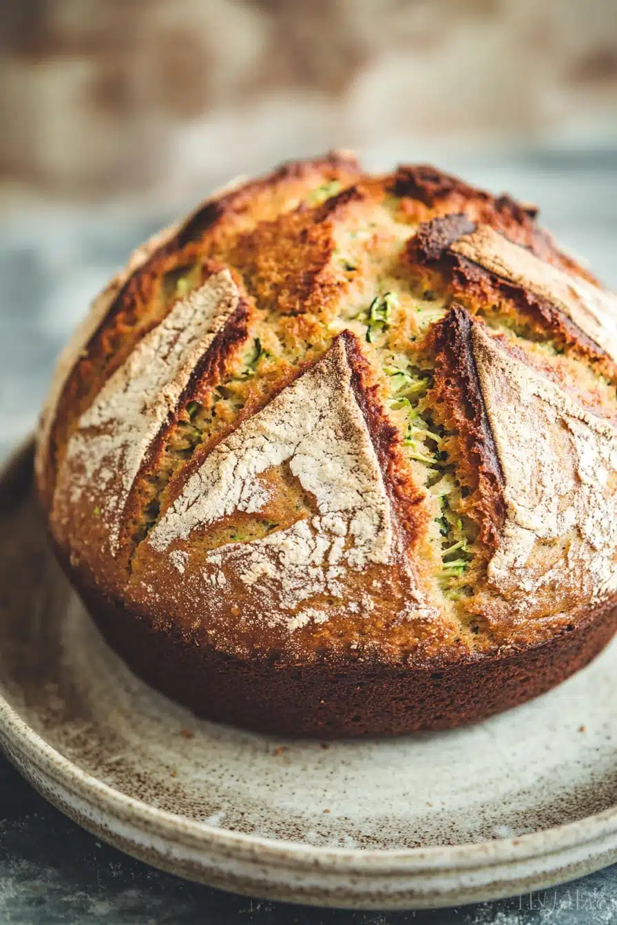 Close-up of freshly baked zucchini bread sourdough with a golden crust.