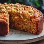 Close-up of zucchini carrot apple cake with a light, moist texture and visible ingredients.