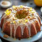 Close-up of a zucchini lemon coffee cake with a slice cut out, showcasing its moist texture.