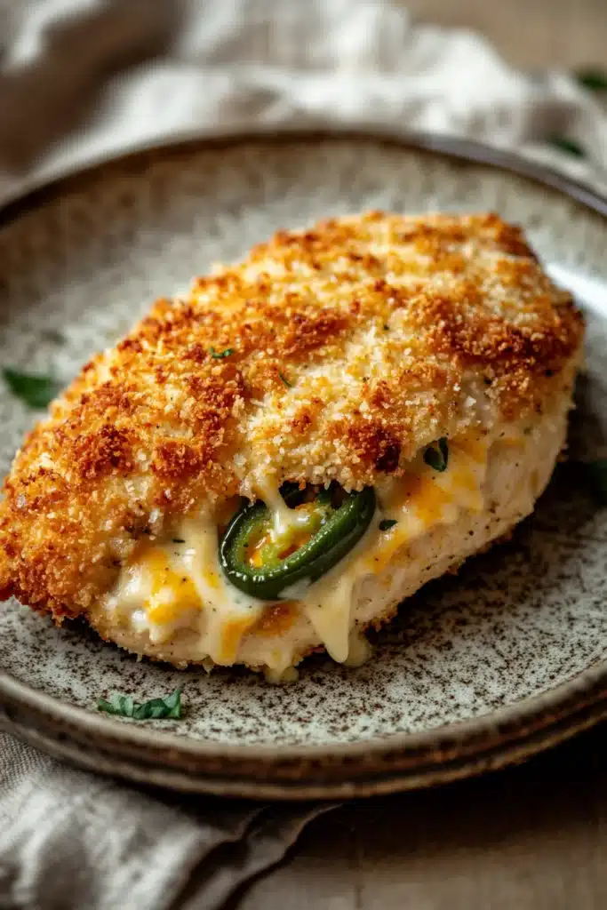 Close-up of air fryer jalapeno popper chicken breast with melted cheese and crispy edges