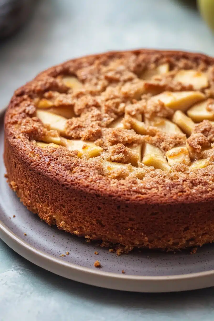 Close-up of a homemade apple cake with a golden crust, perfect for toddlers.