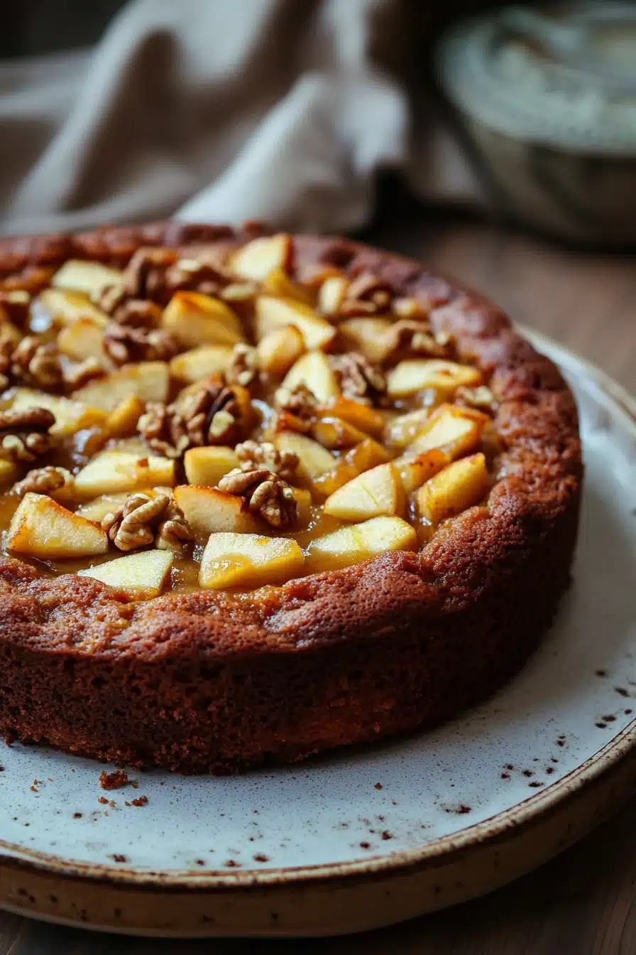 Close-up of apple cake with applesauce, showcasing a moist texture and golden crust.