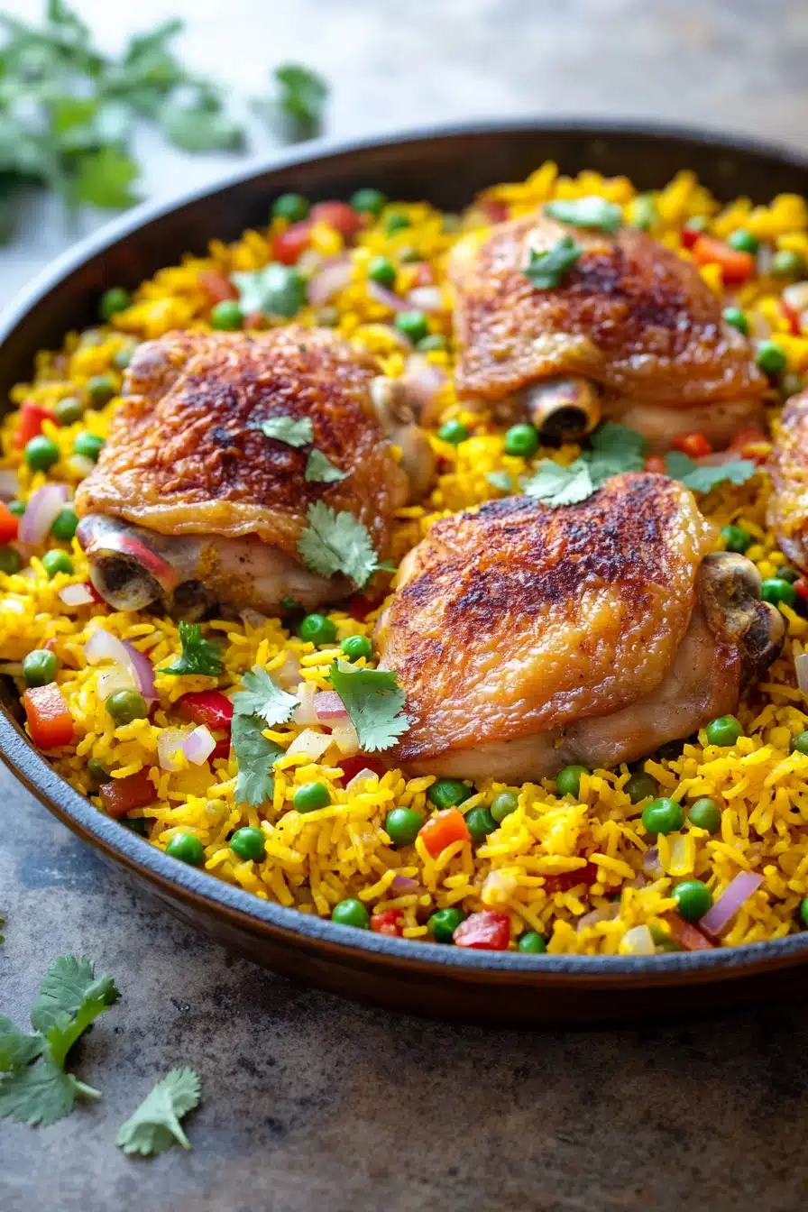 Close-up of a chicken yellow rice skillet with bright, warm lighting and clean background.
