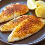 Crispy tilapia cooked in an air fryer with a golden crust, garnished with herbs.