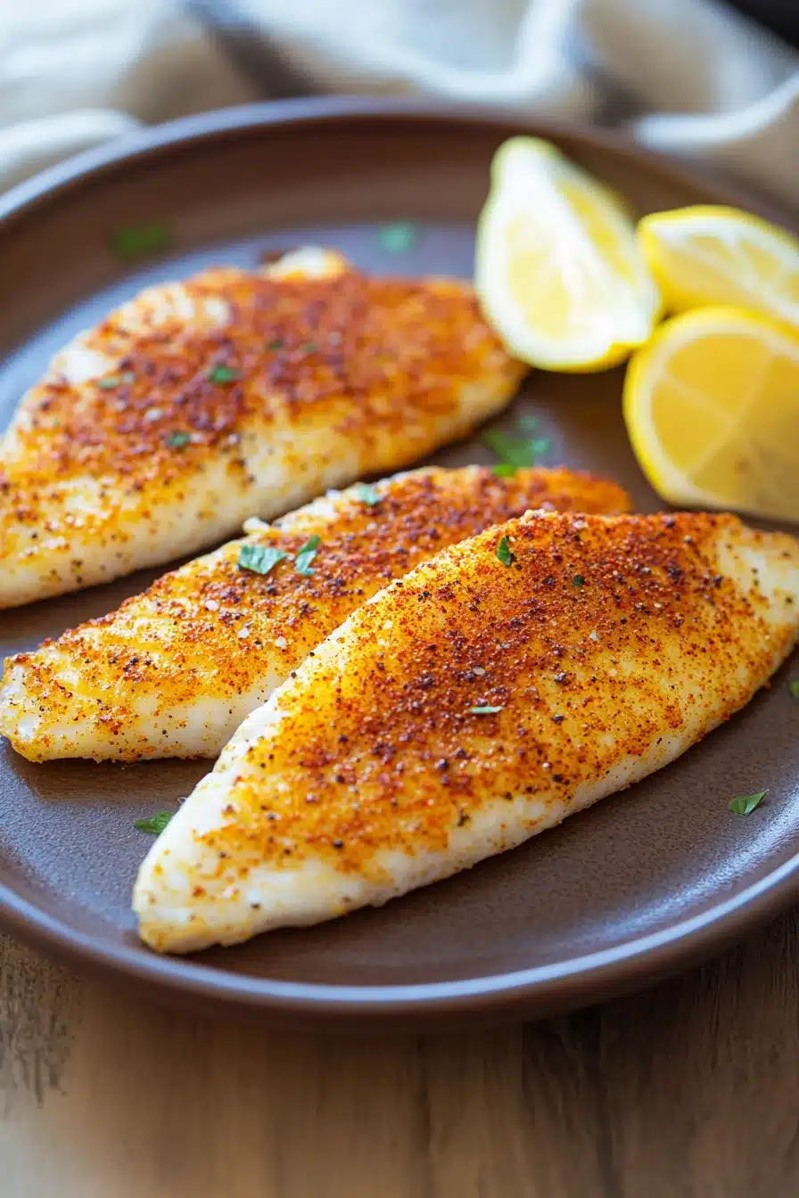 Crispy tilapia cooked in an air fryer with a golden crust, garnished with herbs.