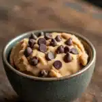 Close-up of keto edible peanut butter cookie dough with a smooth texture and warm lighting.