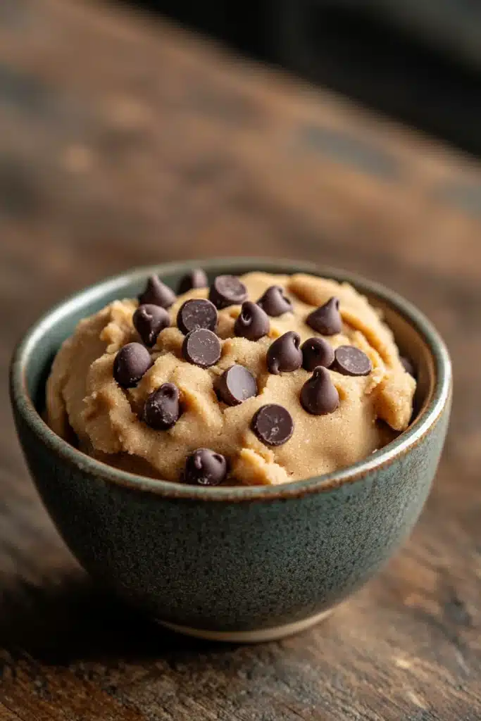 Close-up of keto edible peanut butter cookie dough with a smooth texture and warm lighting.