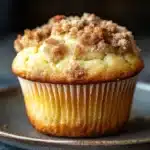 Close-up of lemon streusel muffins with a crumbly topping on a clean background