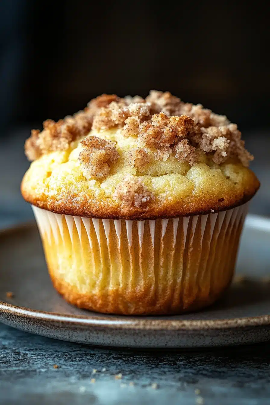 Close-up of lemon streusel muffins with a crumbly topping on a clean background