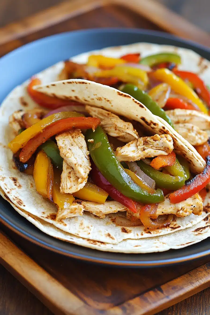 Close-up of low calorie chicken fajita with colorful vegetables on a clean white plate