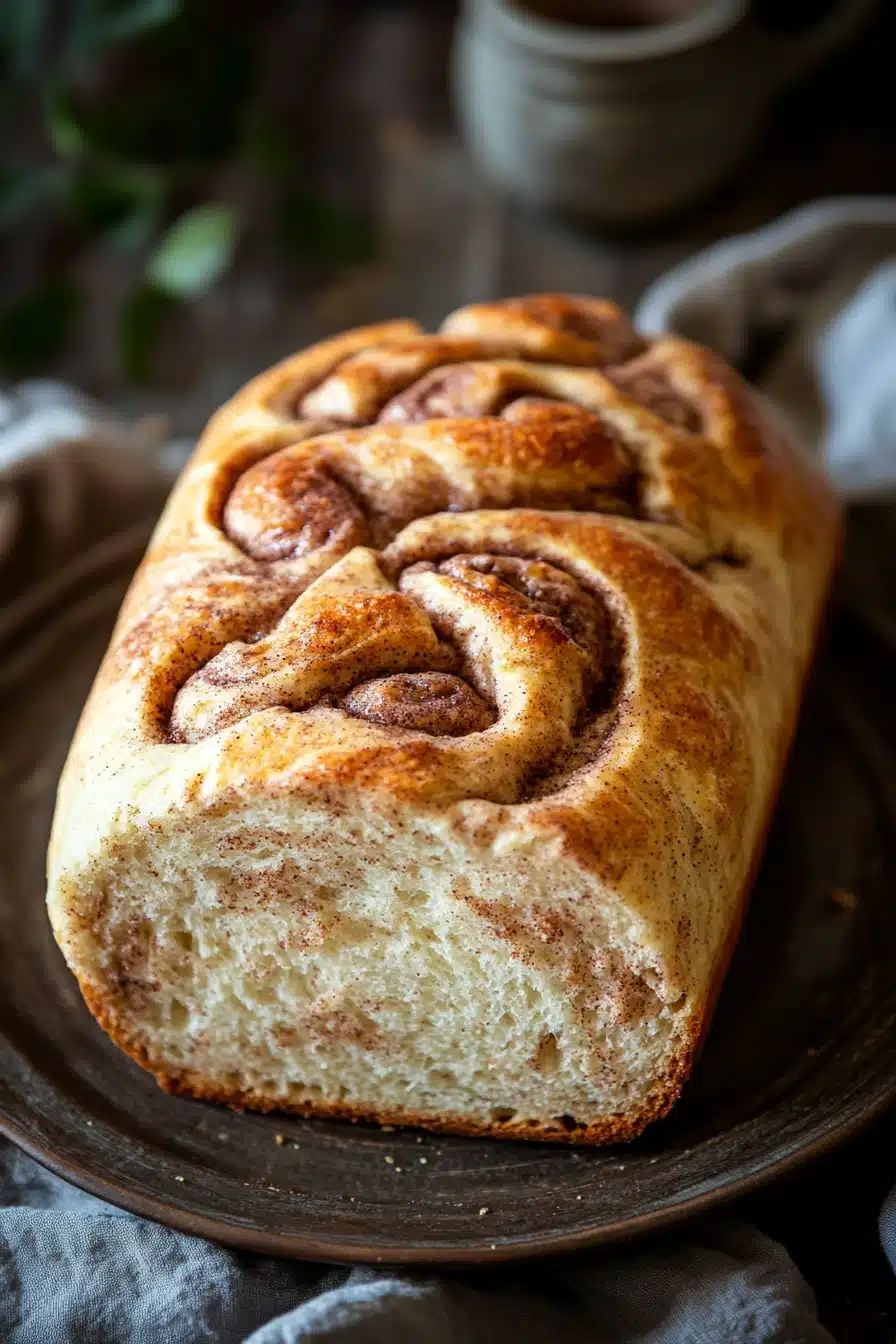 Close-up of a freshly baked no knead bread with cinnamon swirls, showcasing its golden crust and soft texture.