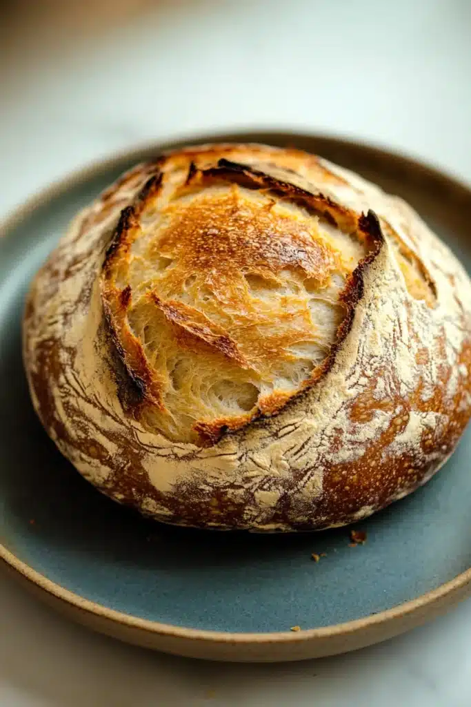 Close-up of a golden crust no knead bread with a rustic texture