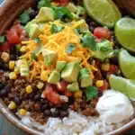 Close-up of a one pot beef burrito bowl with rice, beans, and fresh toppings.