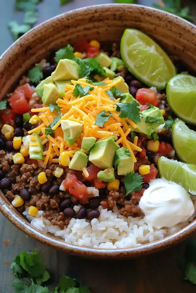 Close-up of a one pot beef burrito bowl with rice, beans, and fresh toppings.