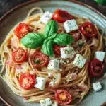 Close-up of one pot pasta with feta and tomatoes, garnished with herbs.