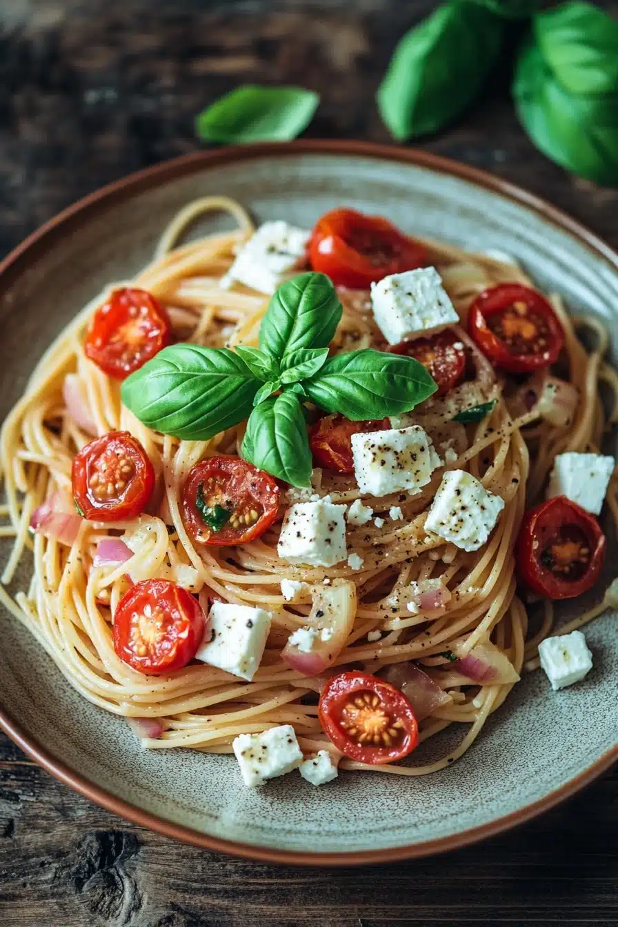 Close-up of one pot pasta with feta and tomatoes, garnished with herbs.