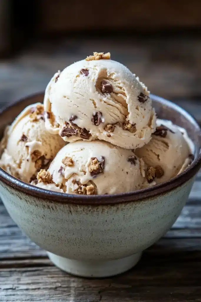 Close-up of peanut butter cookie ice cream with a creamy texture and cookie pieces.