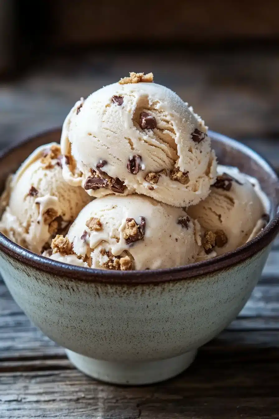 Close-up of peanut butter cookie ice cream with a creamy texture and cookie pieces.