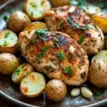 Close-up of sheet pan chicken breast and potatoes with herbs