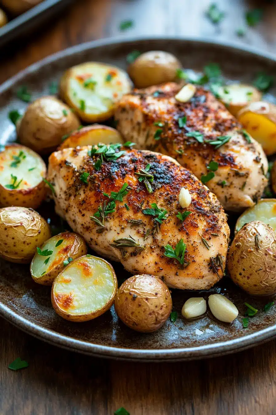 Close-up of sheet pan chicken breast and potatoes with herbs