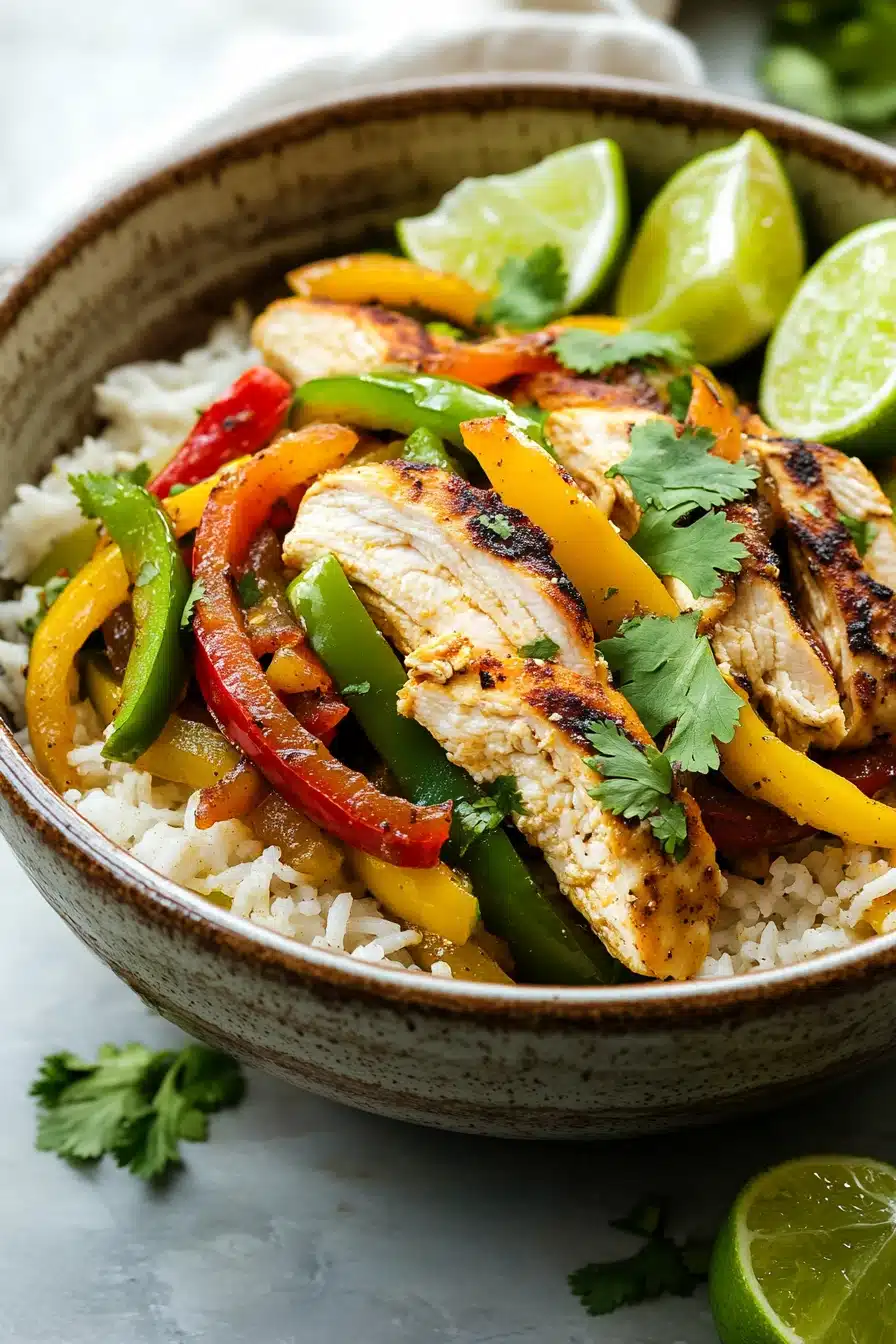Close-up of sheet pan chicken fajitas rice bowls with colorful peppers and onions