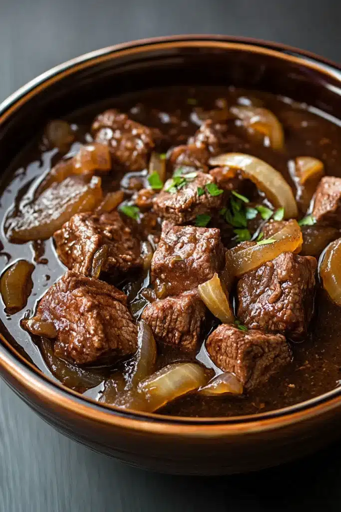 Close-up of a hearty slow cooker beef carbonnade stew with rich textures and warm lighting