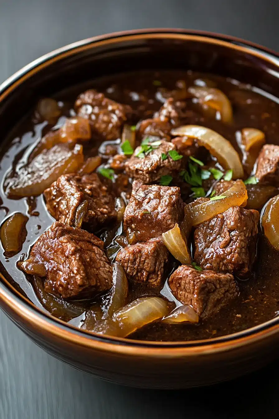 Close-up of a hearty slow cooker beef carbonnade stew with rich textures and warm lighting