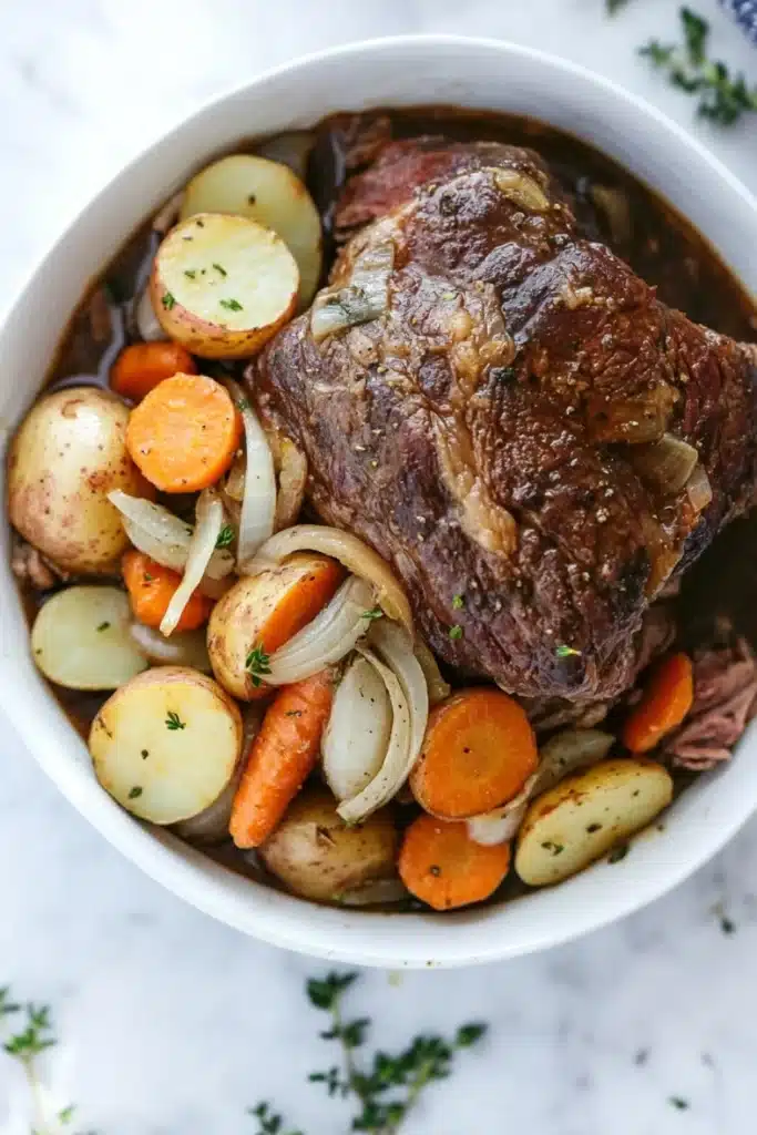 3 packet pot roast slow cooker - the image shows a large white bowl filled with a dish of beef stew. the beef appears to be cooked medium-rare and has a rich, dark brown color. it is garnished with sliced onions, carrots, and potatoes. the dish is served on a white marble countertop with a blue and white striped napkin on the side. there are also some sprigs of parsley scattered around the bowl. the overall appearance of the dish is hearty and appetizing.