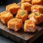 Air fryer breaded salmon nuggets - the image shows a wooden cutting board with several pieces of breaded chicken nuggets on it. the nuggets are golden brown and appear to be crispy on the outside. they are arranged in a circular pattern on the board, with some overlapping each other. the board is placed on a dark grey countertop, and there are a few sprigs of parsley scattered around the board. in the background, there is a small bowl of green sauce. the overall aesthetic of the image is rustic and appetizing.