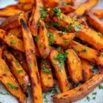 Air fryer garlic sweet potato fries - the image shows a plate of freshly baked sweet potato fries. the fries are golden brown and appear to be crispy on the outside. they are garnished with chopped parsley, adding a pop of green color to the dish. the plate is white with a blue rim and is sitting on a wooden table. the background is blurred, making the fries the focal point of the image.