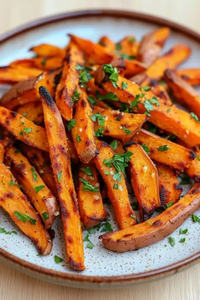 Air fryer garlic sweet potato fries - the image shows a plate of freshly baked sweet potato fries. the fries are golden brown and appear to be crispy on the outside. they are garnished with chopped parsley, adding a pop of green color to the dish. the plate is white with a blue rim and is sitting on a wooden table. the background is blurred, making the fries the focal point of the image.