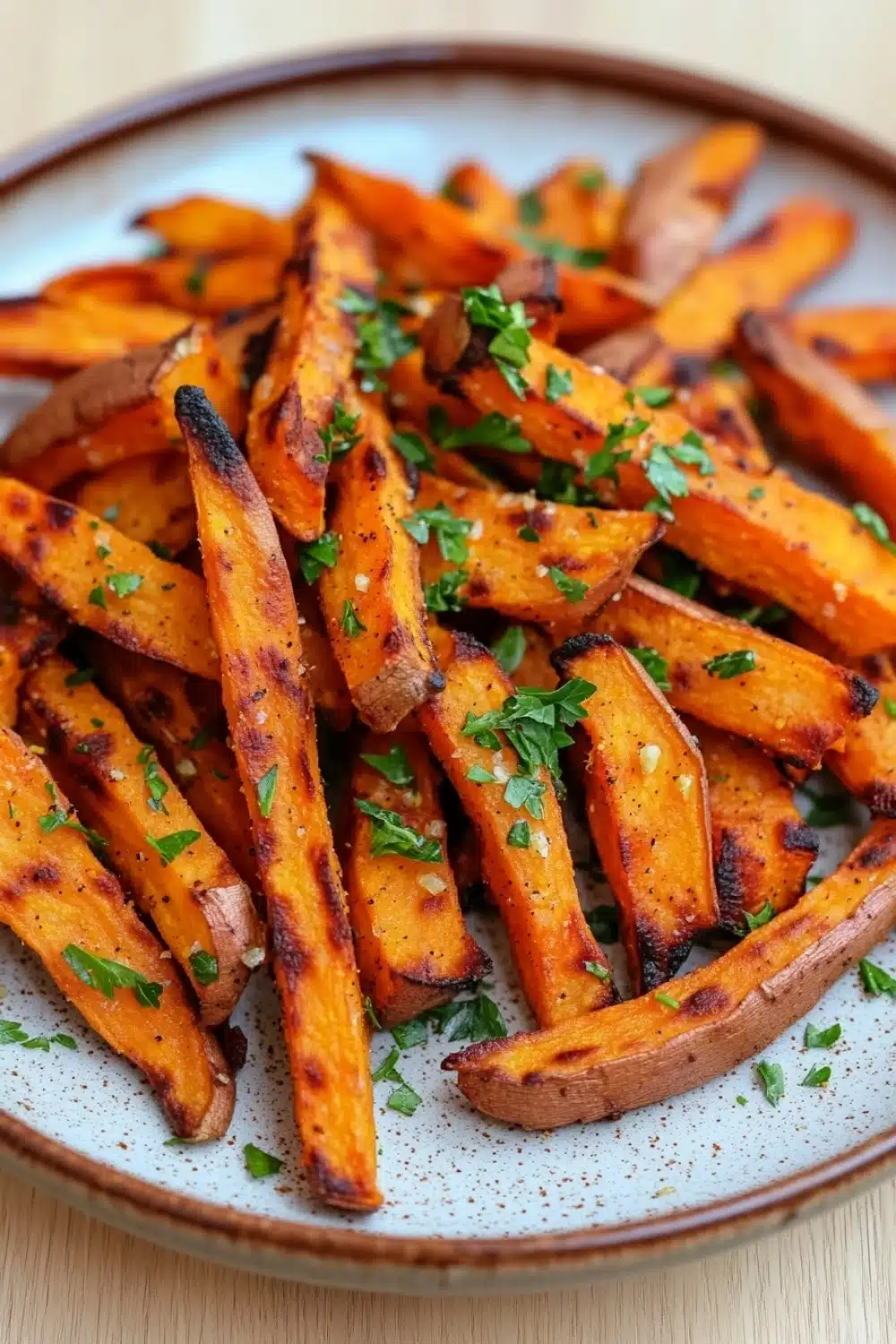 Air fryer garlic sweet potato fries - the image shows a plate of freshly baked sweet potato fries. the fries are golden brown and appear to be crispy on the outside. they are garnished with chopped parsley, adding a pop of green color to the dish. the plate is white with a blue rim and is sitting on a wooden table. the background is blurred, making the fries the focal point of the image.