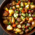 Air fryer potato hash - the image is a close-up of a wooden bowl filled with a colorful dish. the dish appears to be a mix of diced potatoes, red and green bell peppers, onions, and herbs. the potatoes are golden brown and appear to be seasoned with herbs and spices. the vegetables are arranged in a circular pattern in the bowl, with some overlapping each other. the bowl is sitting on a dark wooden table, and there are a few sprigs of parsley scattered around the bowl. the overall color palette of the dish is warm and inviting, with shades of red, green, and yellow.