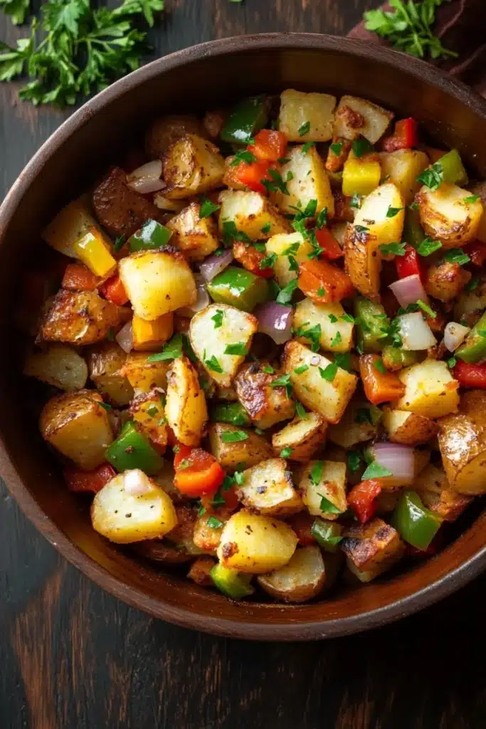 Air fryer potato hash - the image is a close-up of a wooden bowl filled with a colorful dish. the dish appears to be a mix of diced potatoes, red and green bell peppers, onions, and herbs. the potatoes are golden brown and appear to be seasoned with herbs and spices. the vegetables are arranged in a circular pattern in the bowl, with some overlapping each other. the bowl is sitting on a dark wooden table, and there are a few sprigs of parsley scattered around the bowl. the overall color palette of the dish is warm and inviting, with shades of red, green, and yellow.