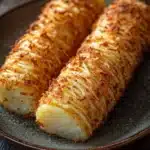 Air fryer potato logs - the image shows two pieces of baked potatoes on a black plate. the potatoes are golden brown and appear to be seasoned with herbs and spices. they are arranged in a diagonal line on the plate, with the top half of the potatoes slightly overlapping the bottom half. the plate is placed on a wooden table, and the background is blurred, making the potatoes the focal point of the image.
