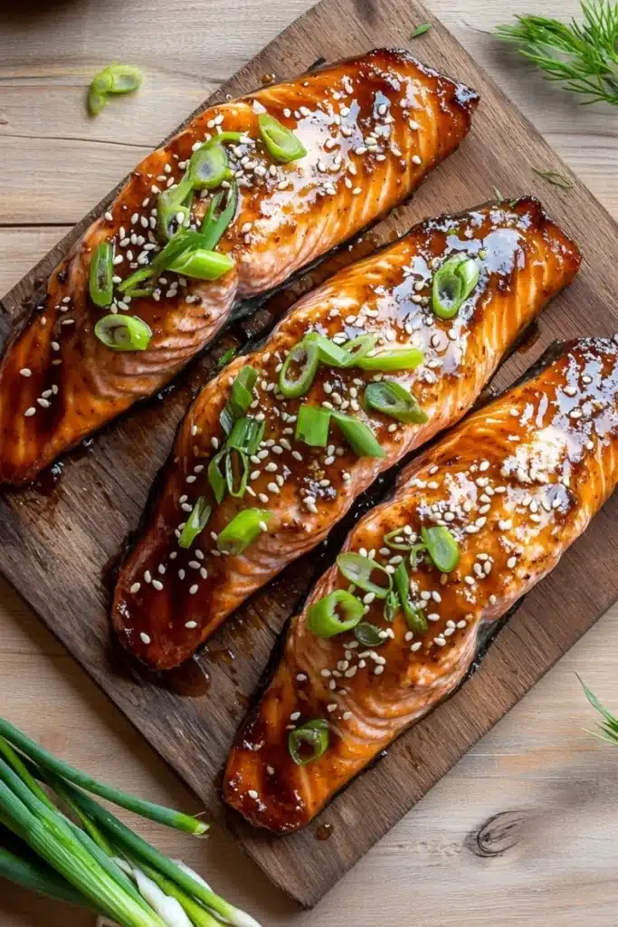 Air fryer salmon teriyaki - the image shows three pieces of salmon on a wooden cutting board. the salmon is cooked to a golden brown color and is covered in a sesame seeds and green onions. the cutting board is placed on a light-colored wooden table with a few sprigs of dill scattered around it. the background is blurred, but it appears to be a kitchen countertop. the overall aesthetic of the image is rustic and appetizing.